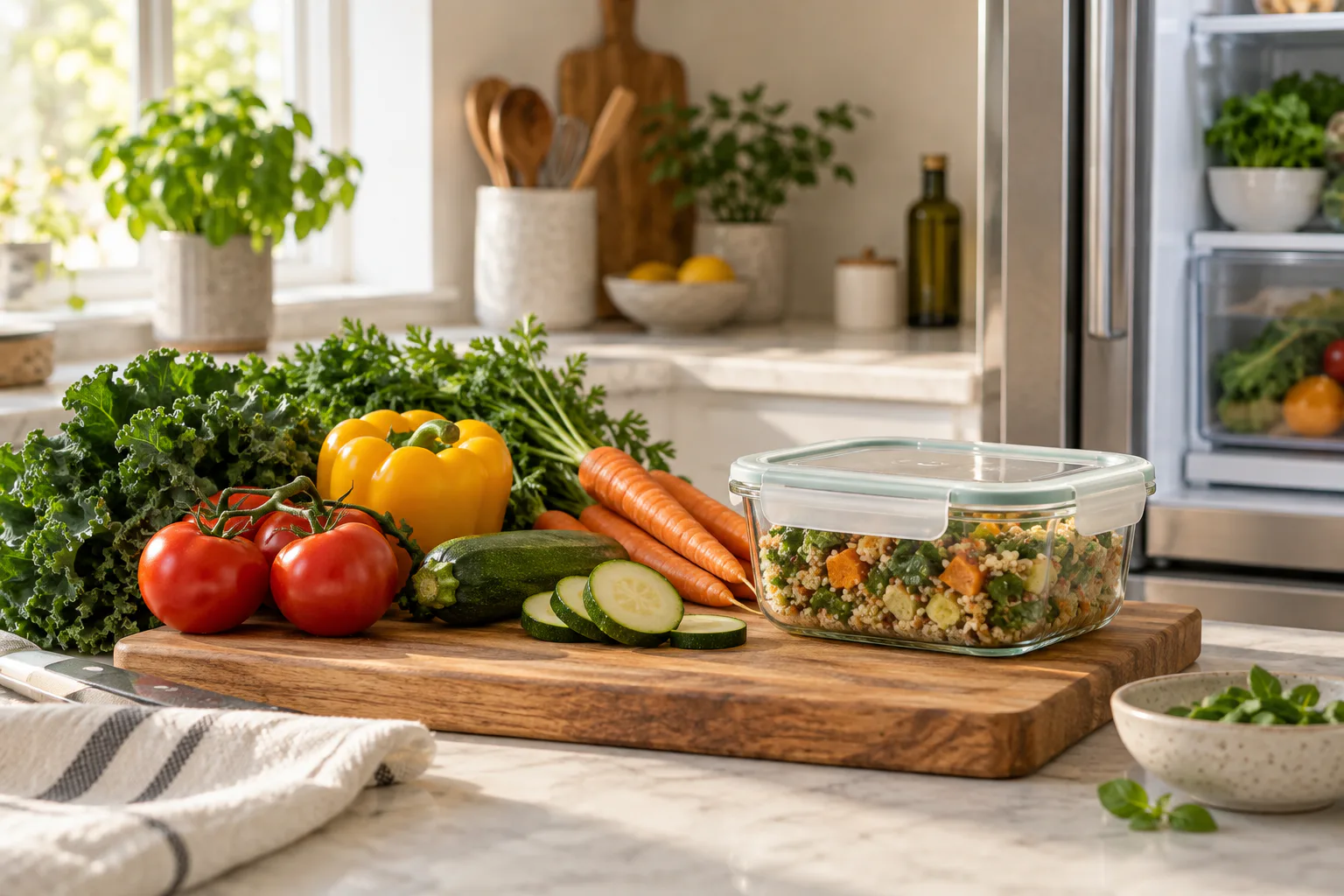 Fresh vegetables and a sealed leftovers container in a home kitchen